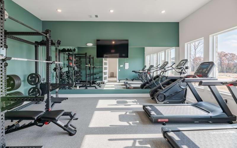 a room with treadmills